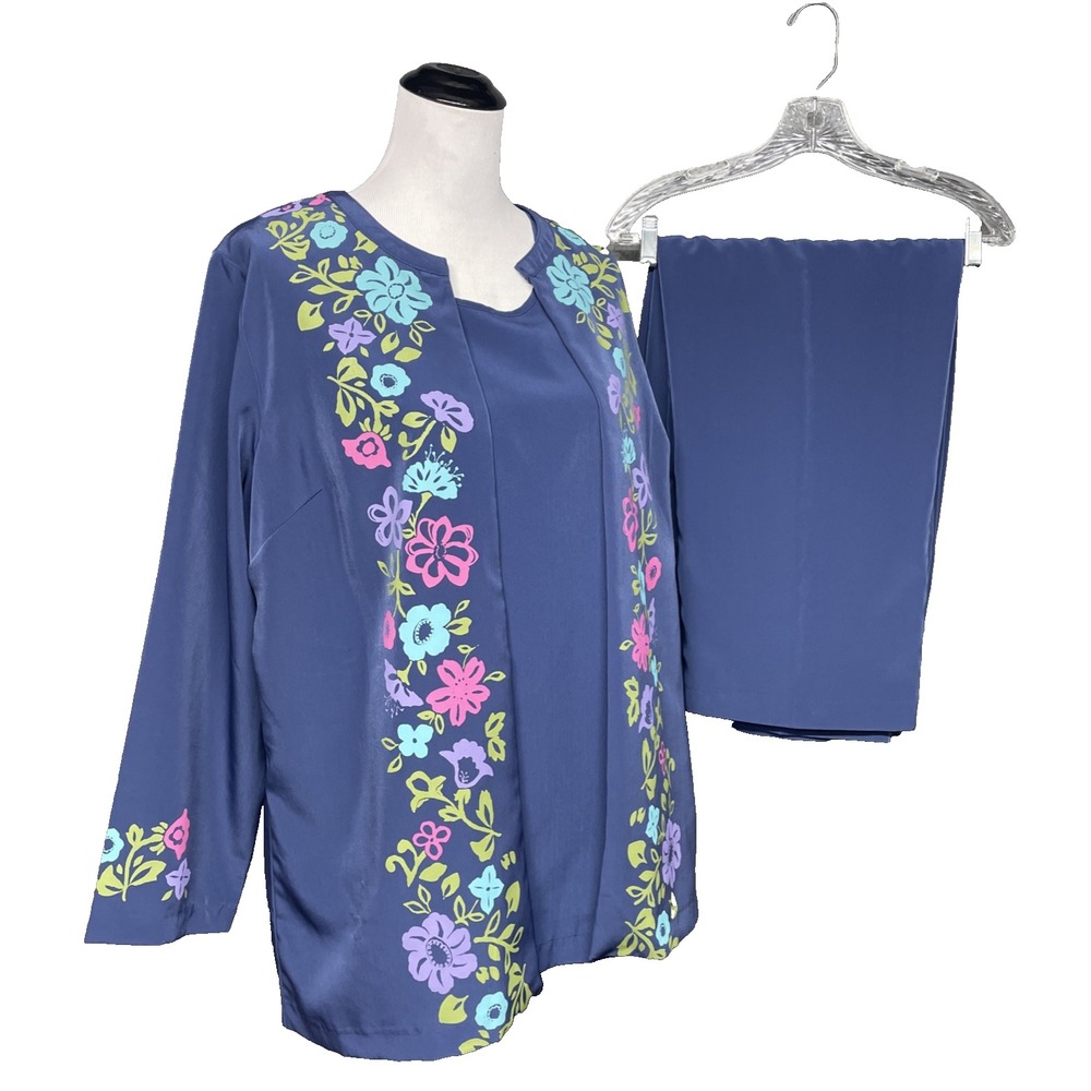 Roamans Women 16W Blue Floral 3 Pc Pant Suit Jacket Tank Pants Set Dressy Casual